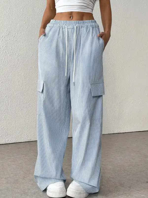 Wide Leg Drawstring Striped Pocketed Cargo Pants