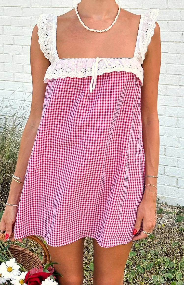 Babydoll Gingham Lace Mini Dress