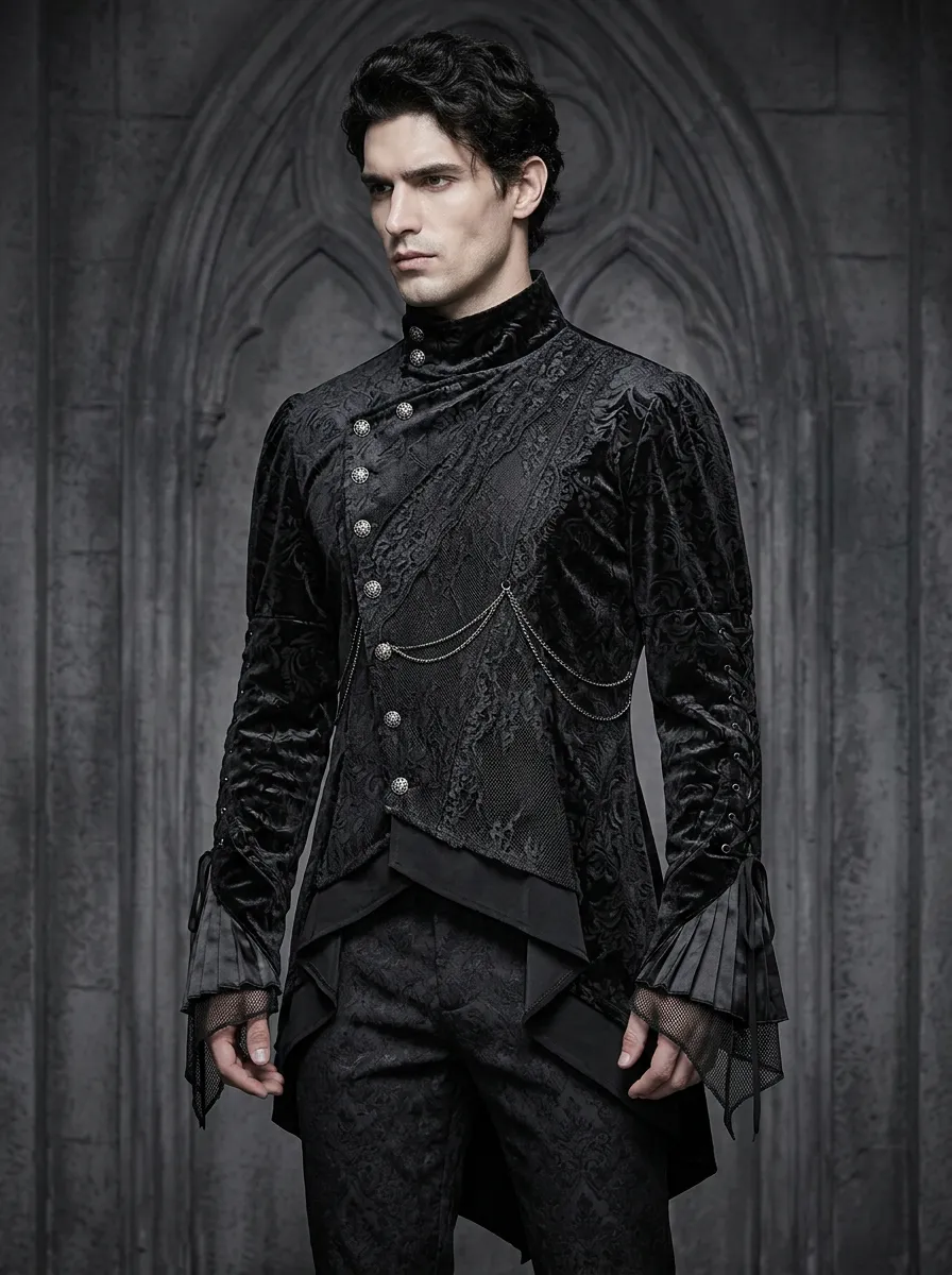 Statement Damask Victorian Chain Design Men's Gothic Asymmetric Shirt