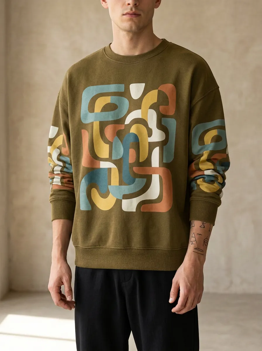 Abstract Geometric Art Graphic Crewneck Sweatshirt With Ribbed Trim