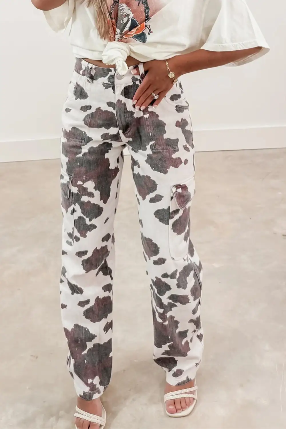 Women's Cow Spots Printed Multi Pocketed Jeans