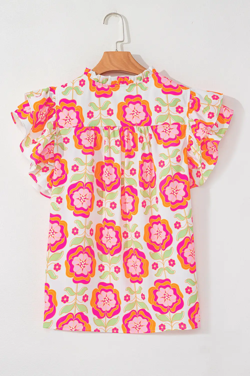 Rose Floral Ruffled Sleeve  Trim Split Neck Loose Blouse