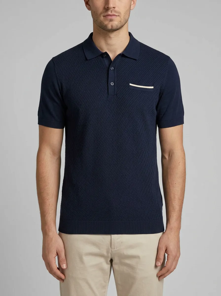 Men's Navy Blue Diagonal Texture Pocket Polo Shirt