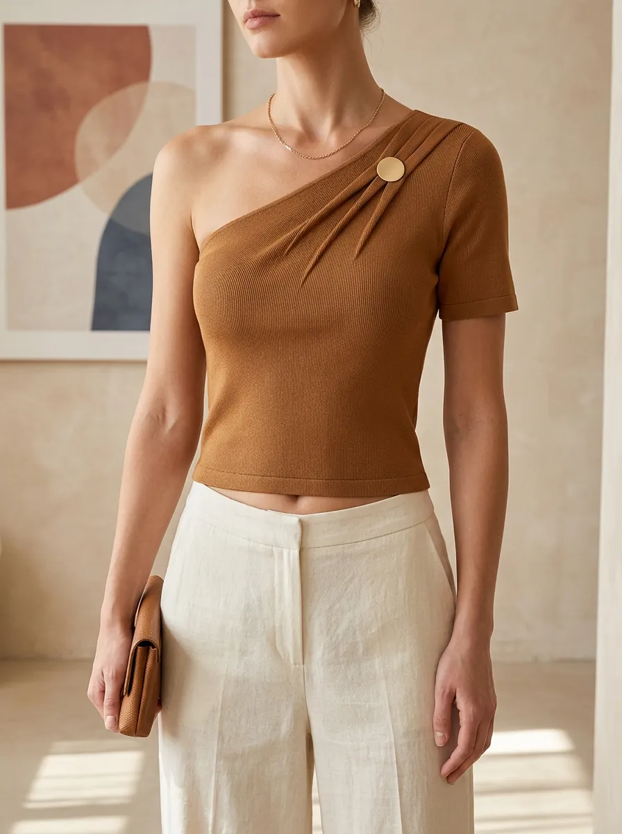 Women's Brown Ribbed One-Shoulder Metal Button Pleated Top