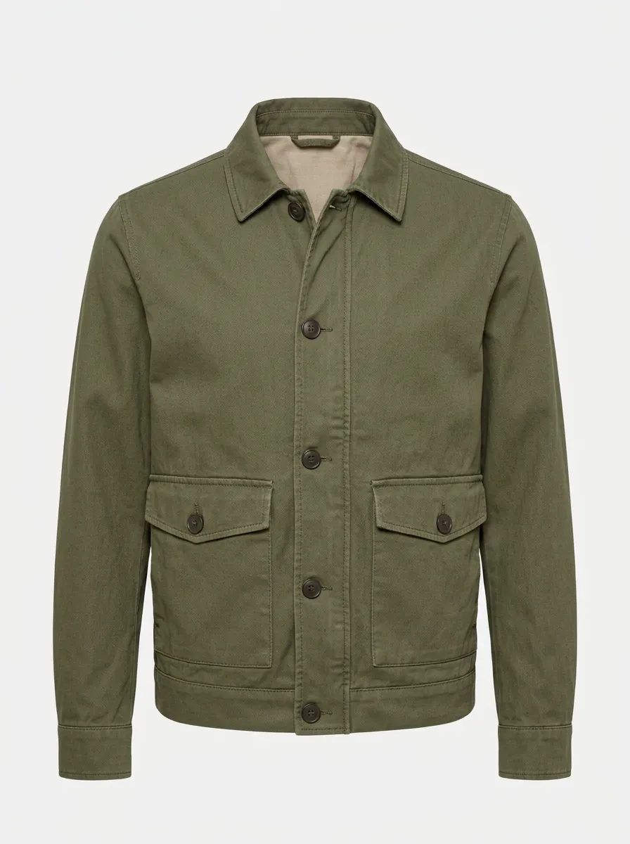 Men's Military Style Olive Green Cotton Utility Jacket