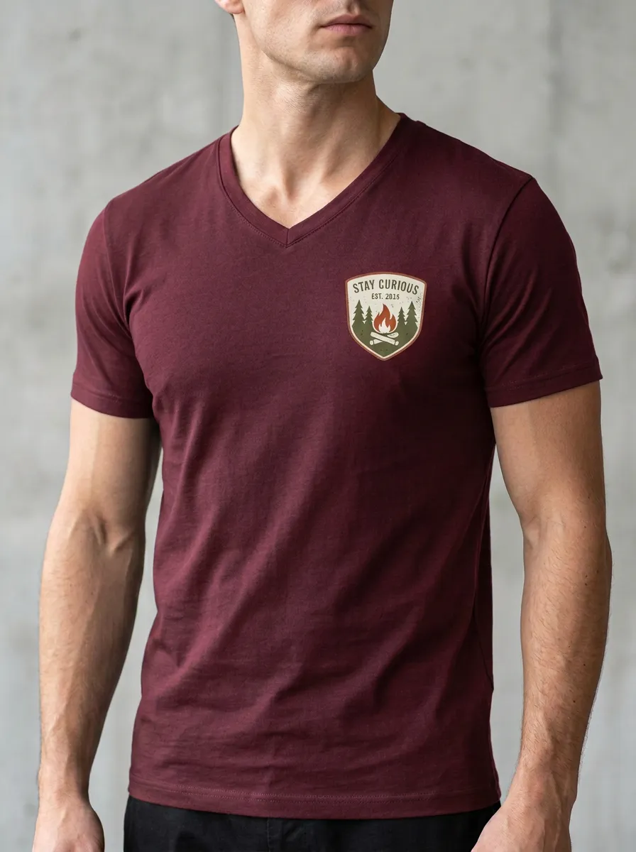 Men's Camping Lover Stay Curious Campfire Forest Printed V-neck T-shirt