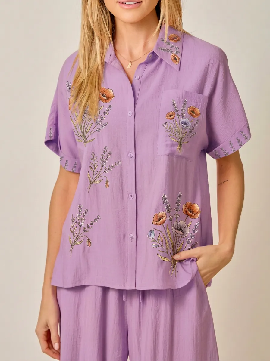 Women's Floral Lover Poppy Lavender Printed Button-up Shirt