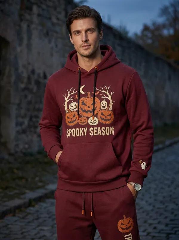 Men's Halloween Charcoal Spooky Season Pumpkin Ghost-Sleeve Hoodie Jogger Set