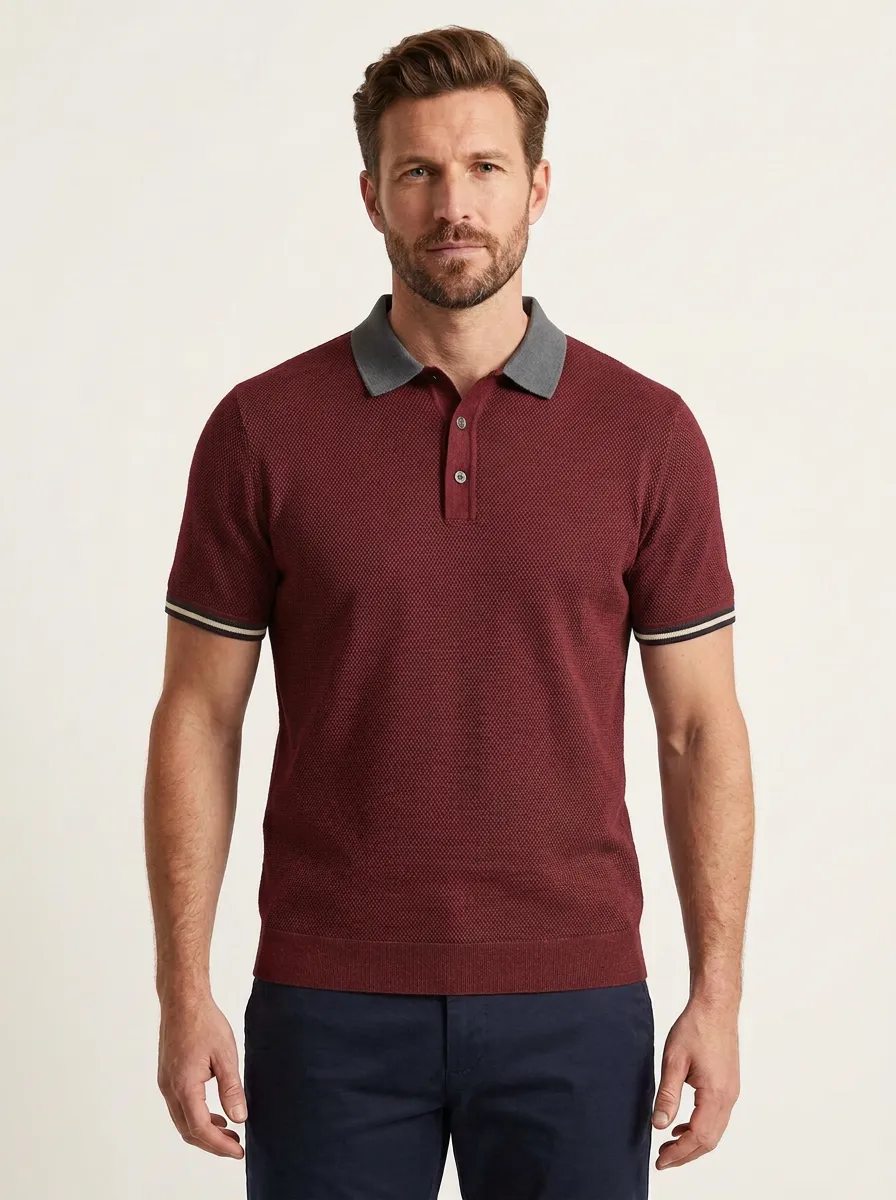 Men's Casual Grey Textured Knit Polo Shirt