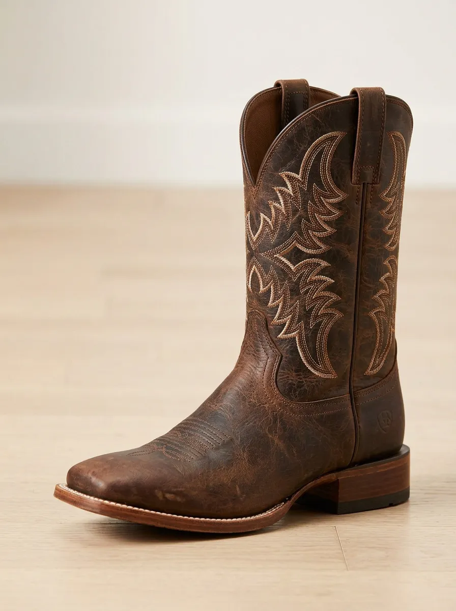 Country Embroidered Distressed Leather-Look Profile Men's Western Cowboy Boots