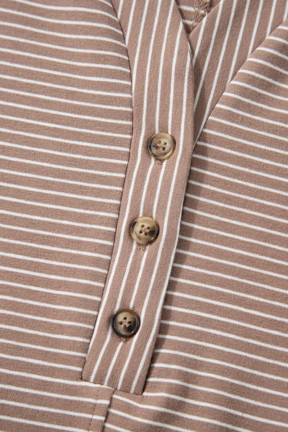Khaki Stripe Buttoned V Neck Tee