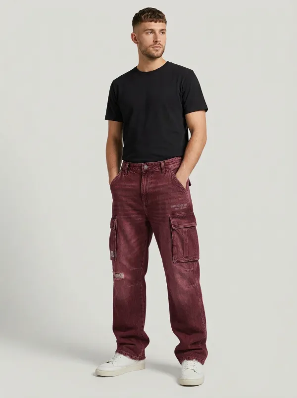 Men's Streetwear Distressed Denim Graphic Cargo Pants