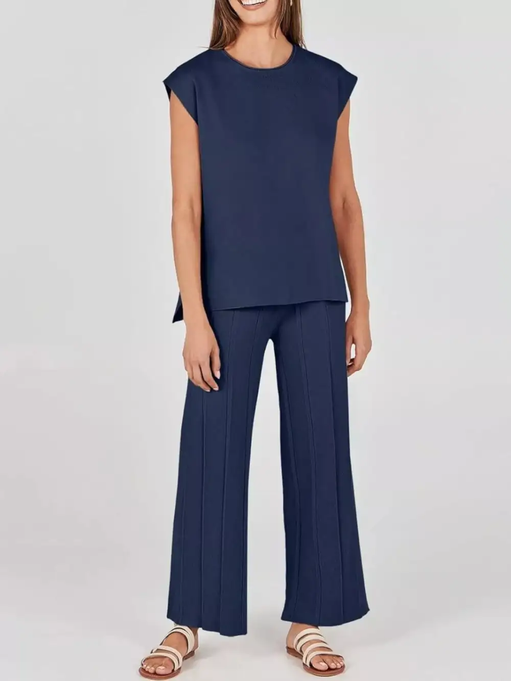 Casual Solid Cap Sleeve Top and Pants Knit Set