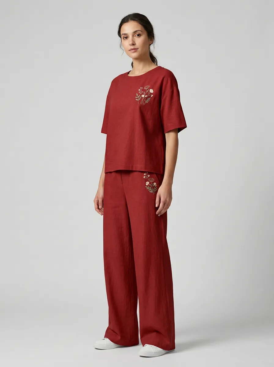 Women's Botanical Embroidered Boxy Top And Wide-Leg Trouser Two-Piece Set