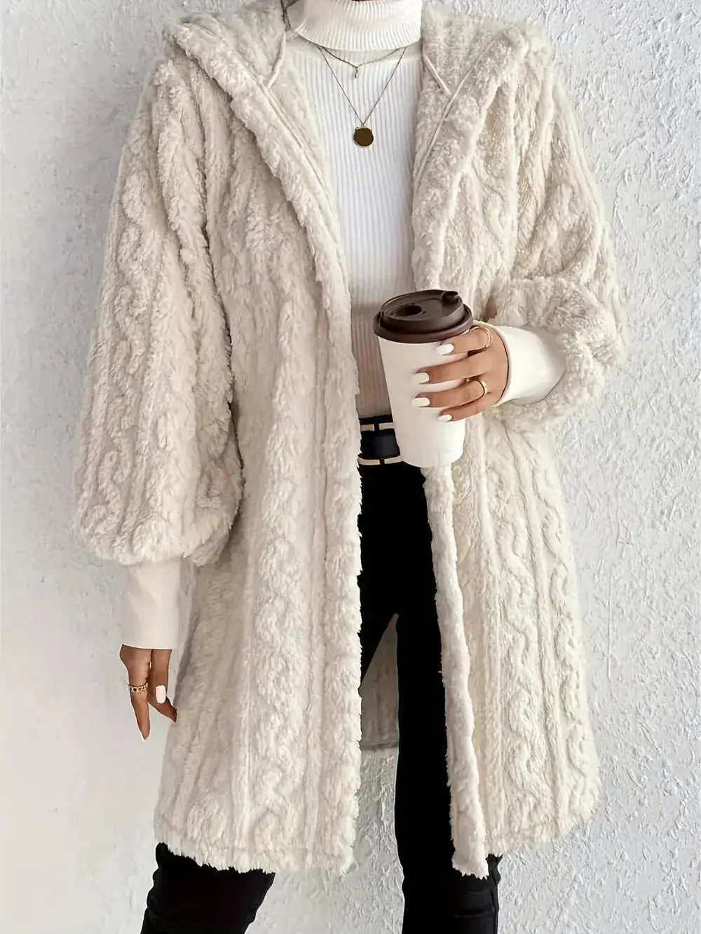 Plush Hooded Open Front Casual Jacket