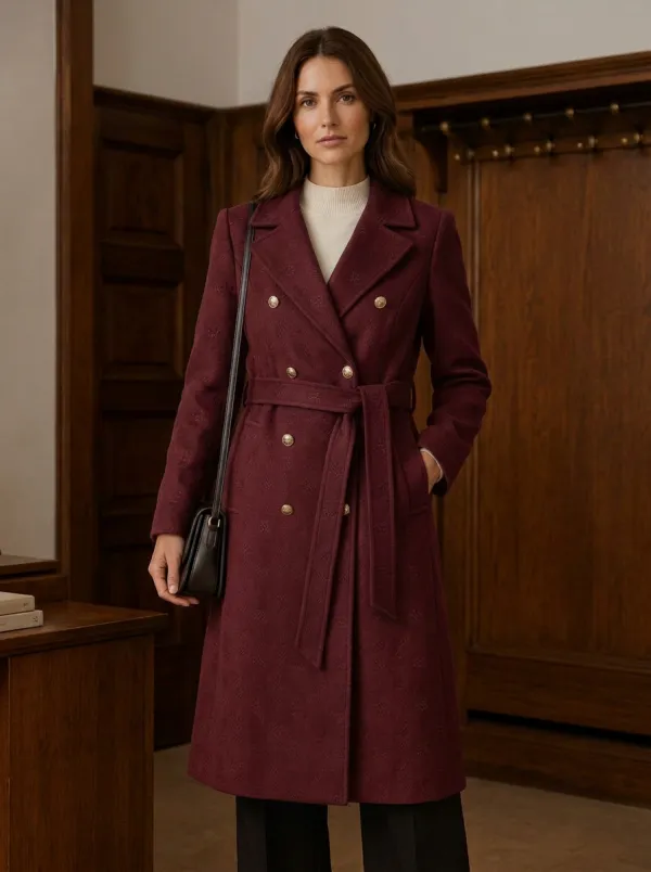 Women's Navy Blue Embossed Monogram Pattern Double-Breasted Trench Coat