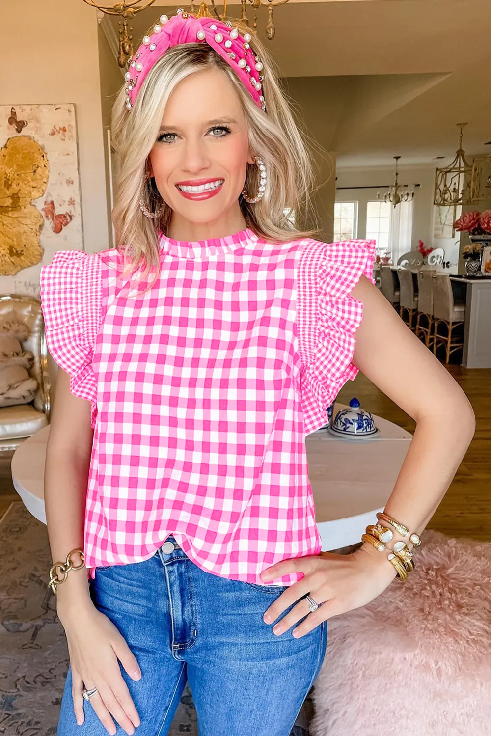 Rose Red Checkered Ruffled Sleeve Blouse