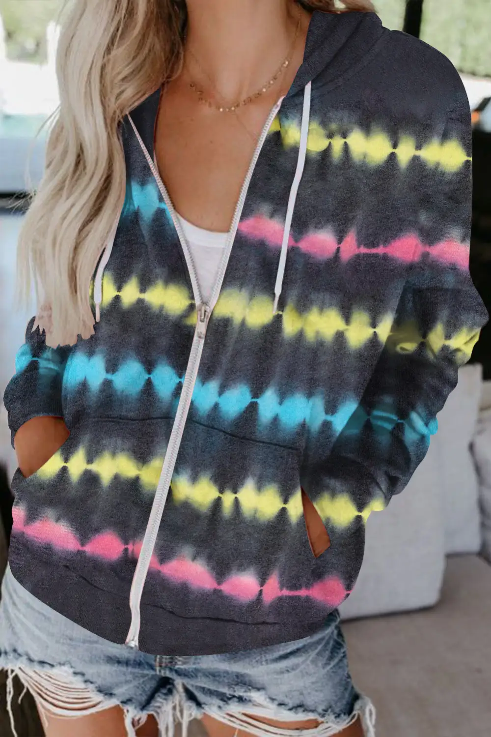 Tie Dye Zipper Pocket Drawstring Hooded Jacket