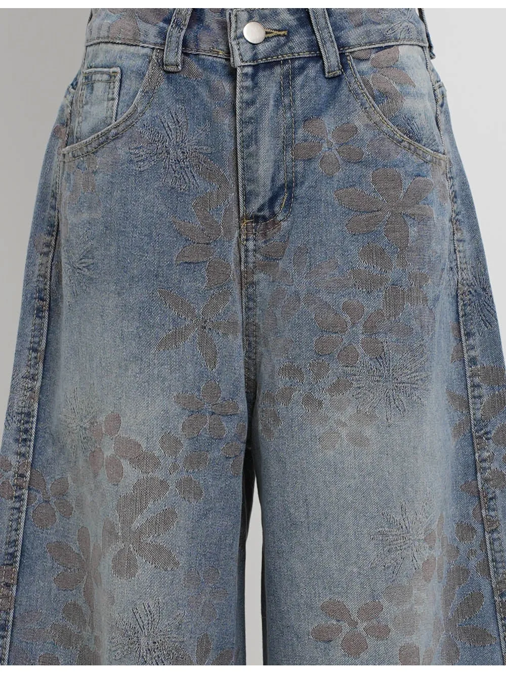 Jacquard Jeans Wide Leg Pockets Denim Pants