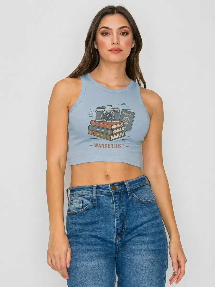 Women's Travel Lover Camera Passport Books Printed Crop Top