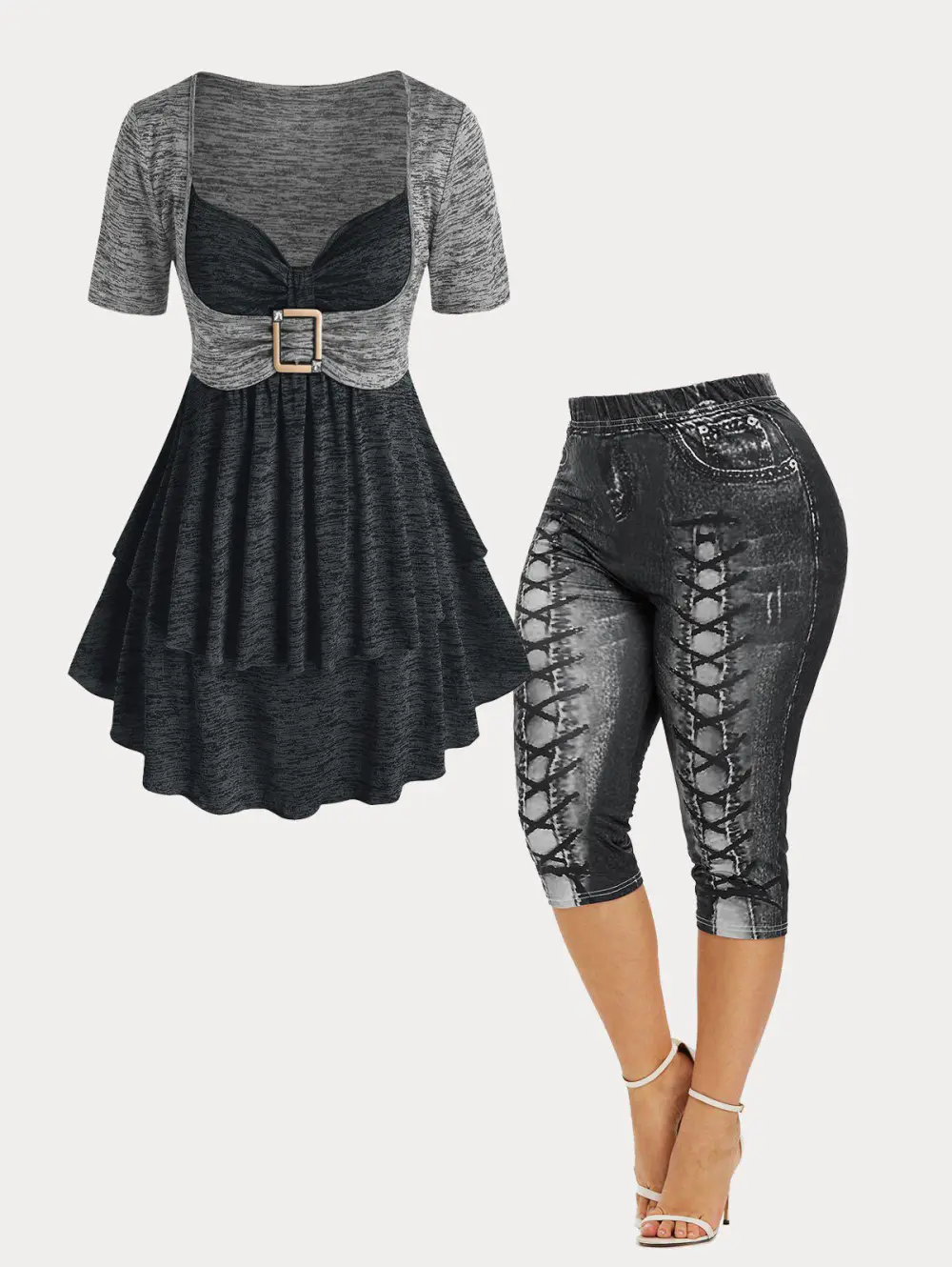 Colorblock Sweetheart Neck Tee and 3D Print Capri Leggings Plus Size Summer Outfit