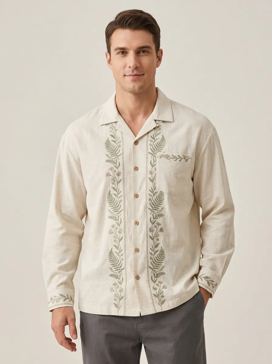 Men's Linen Botanical Fern Embroidered Shirt