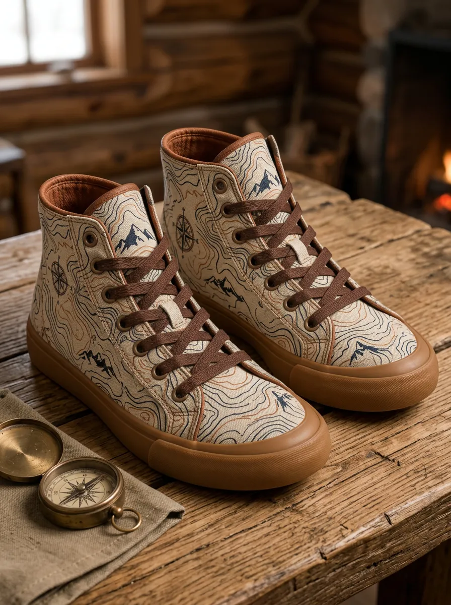 Men's Hiking Adventure Topographic Map Compass Printed Canvas Shoes