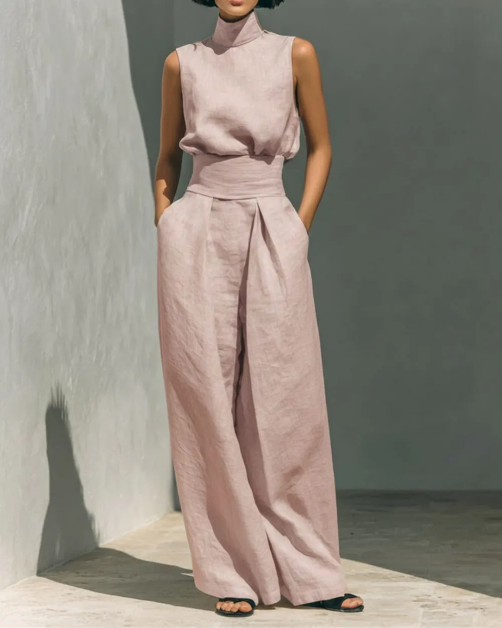 Sleeveless Top Wide Leg Pants Minimalist Two-Piece Outfit