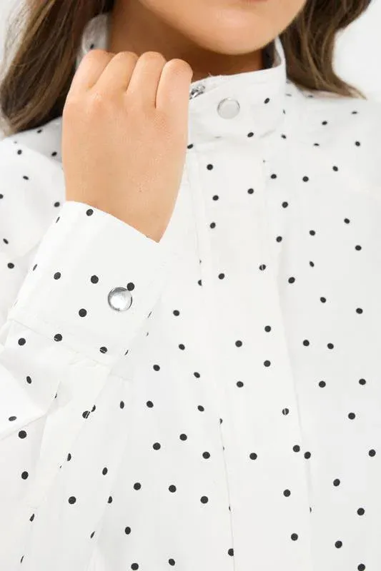 White Polka Dot Funnel Neck Bomber Jacket