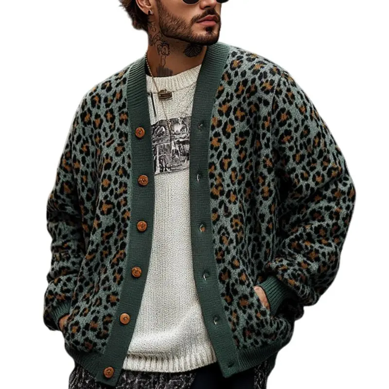 Jacquard Knit Leopard Print Cardigan