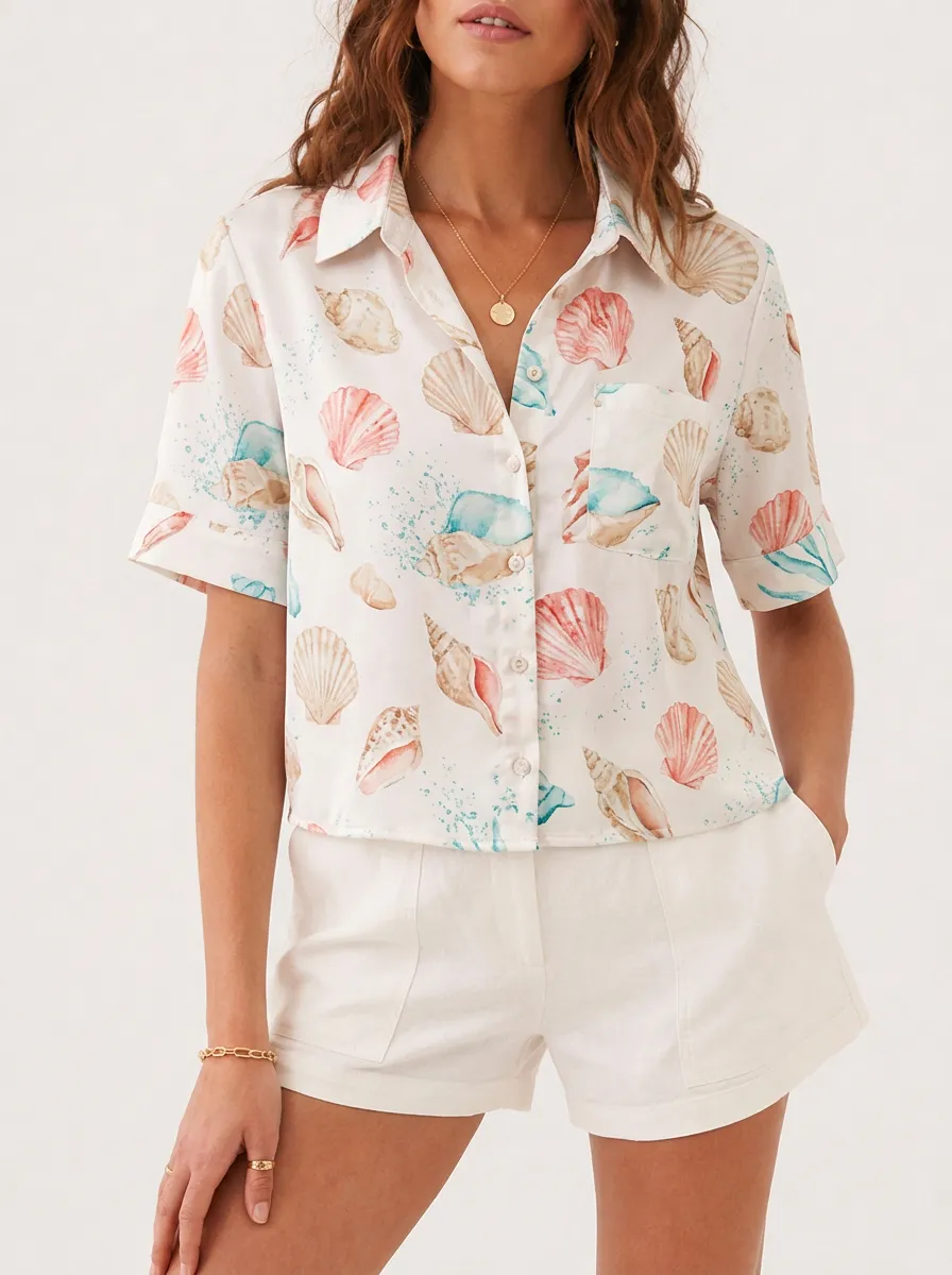 Women's Beach Vacation Seashell Pattern Printed Button-up Shirt