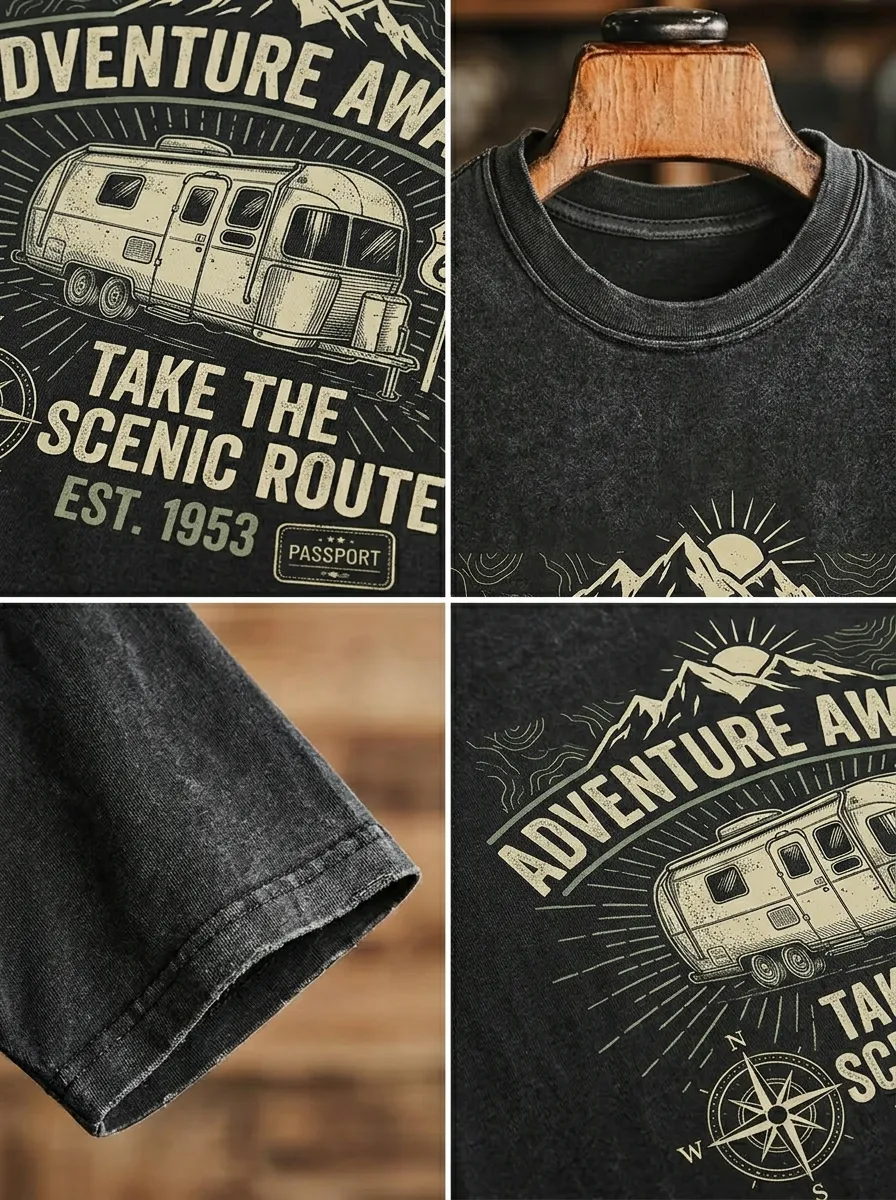 Unisex Adventure Camper Route 66 Mountain Compass Printed T-shirt