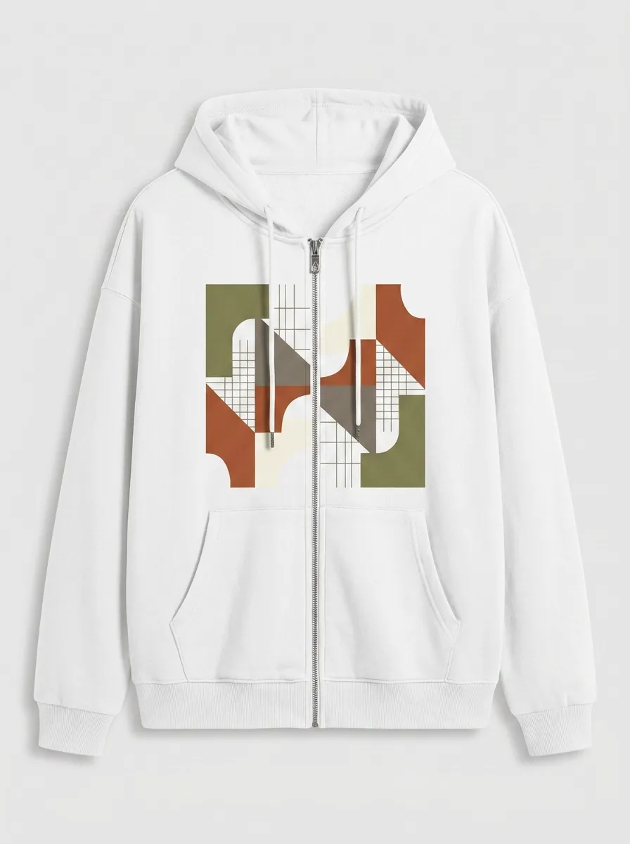 Unisex Abstract Geometric Pattern Printed Zip-up Hoodie