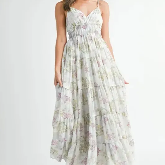 Elegant Floral Print Tiered Cami Maxi Dress