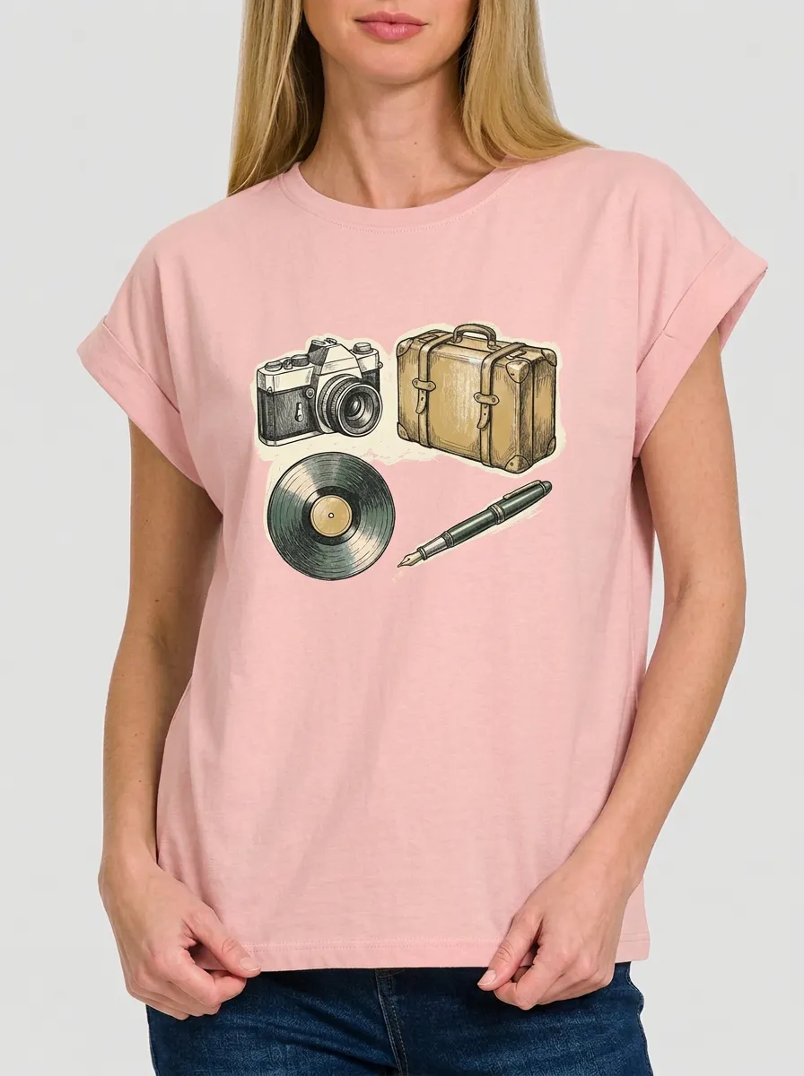 Women's Vintage Travel Hobby Camera Suitcase Vinyl Pen Graphic T-Shirt