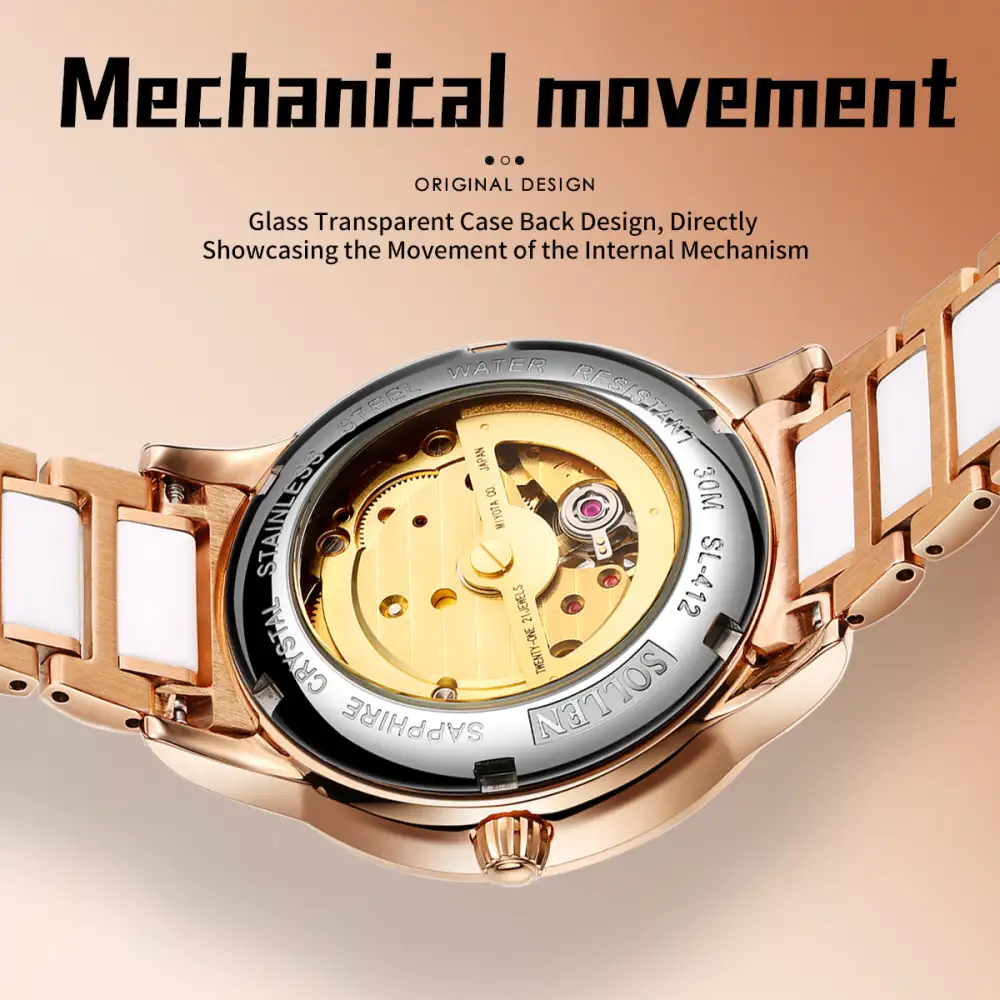 Sollen SL412 Women's Skeleton Automatic Watch - 36.5mm Crystal Bezel Sapphire Crystal Miyota 82S0 Ceramic Bracelet Wristwatch