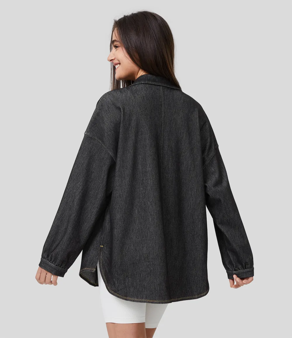 Magic Collared Multiple Pockets Button Front Split Curved Hem Stretchy Knit Denim Work Oversize Jacket