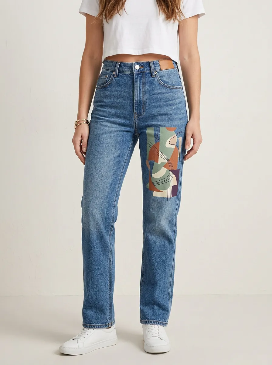 Women's Abstract Art Geometric Printed Straight Leg Jeans