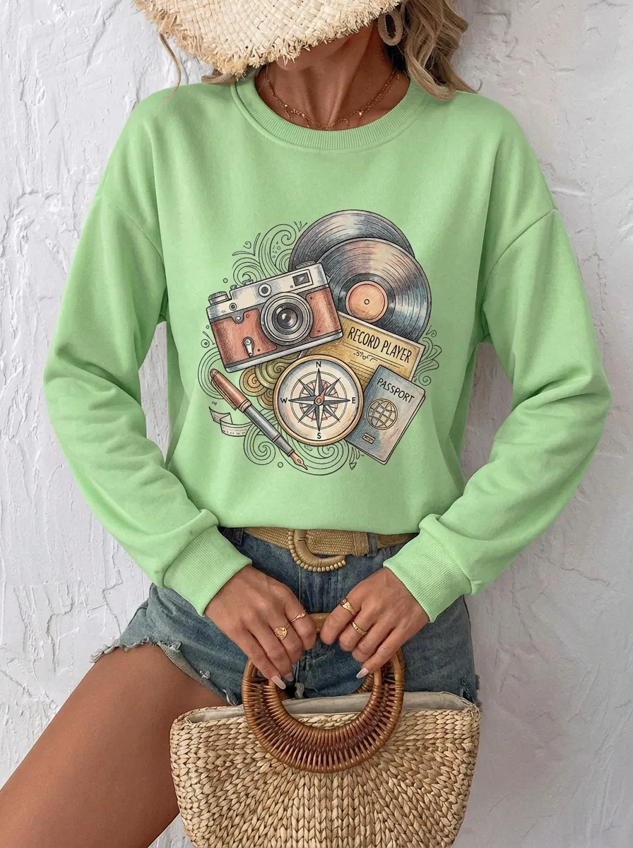 Women's Travel Inspired Camera Vinyl Compass Passport Printed Sweatshirt