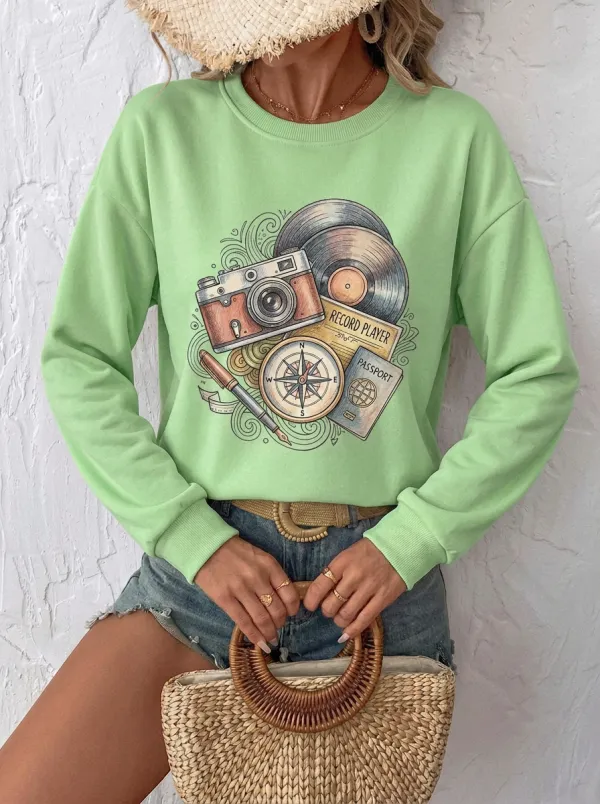 Women's Travel Inspired Camera Vinyl Compass Passport Printed Sweatshirt