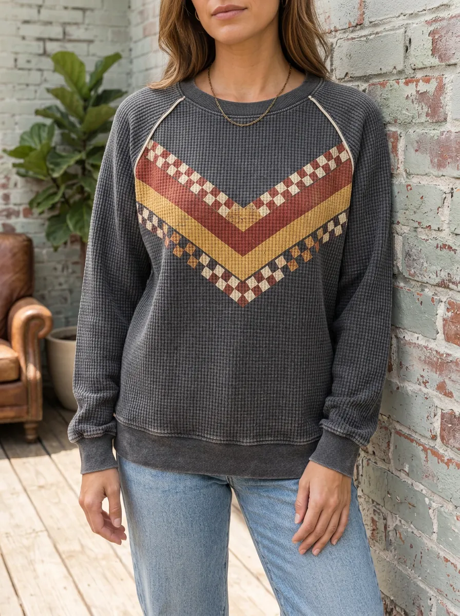 Women's Retro Chevron Checkerboard Printed Waffle Knit Sweatshirt