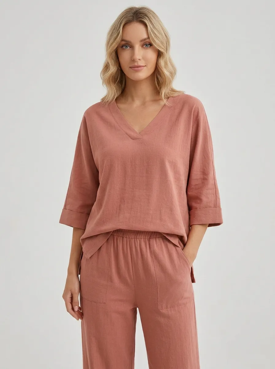 Rolled-Sleeve Women's V-Neck Shirt
