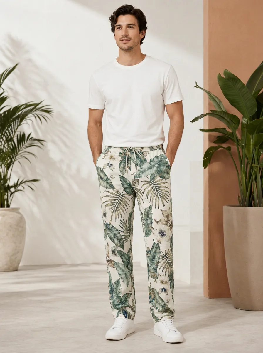 Men's Graphic Print Pants with Graphic Print Floral Print Check Print Detail