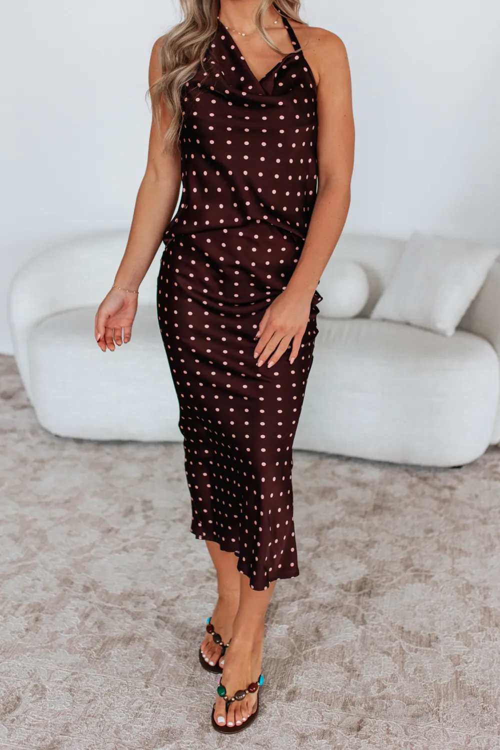 Polka Dot Satin Flared Hem Midi Skirt