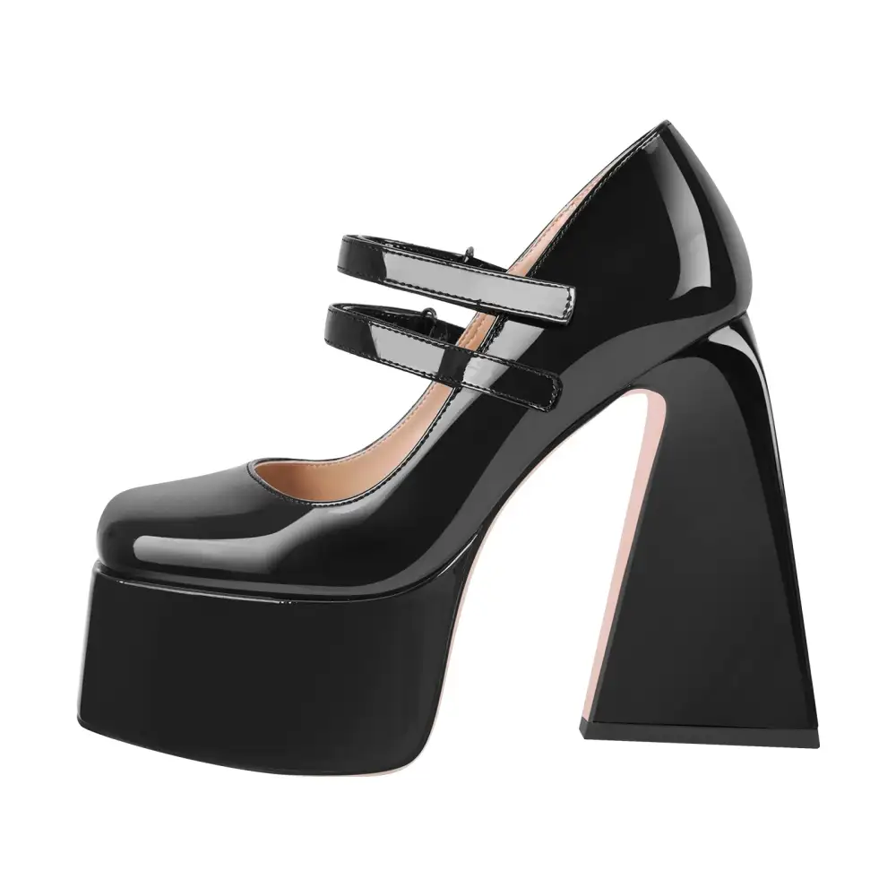 Modern Patent Finish Square Toe Platform Chunky Heel Pumps
