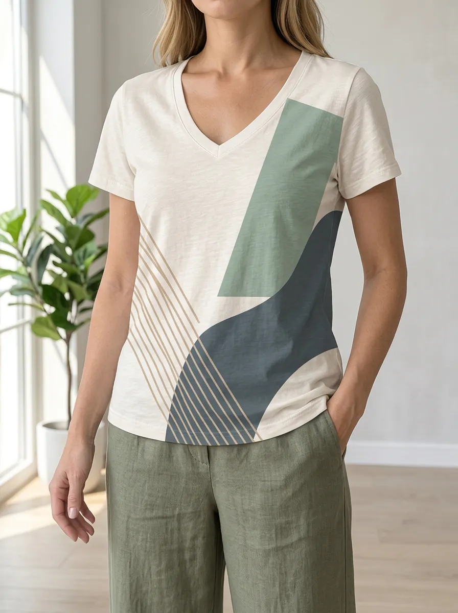 Women's Abstract Geometric Lines Printed V-Neck T-Shirt