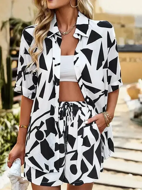Fashion Print Suit Women's Loose Casual Shirt Shorts Two-piece Set