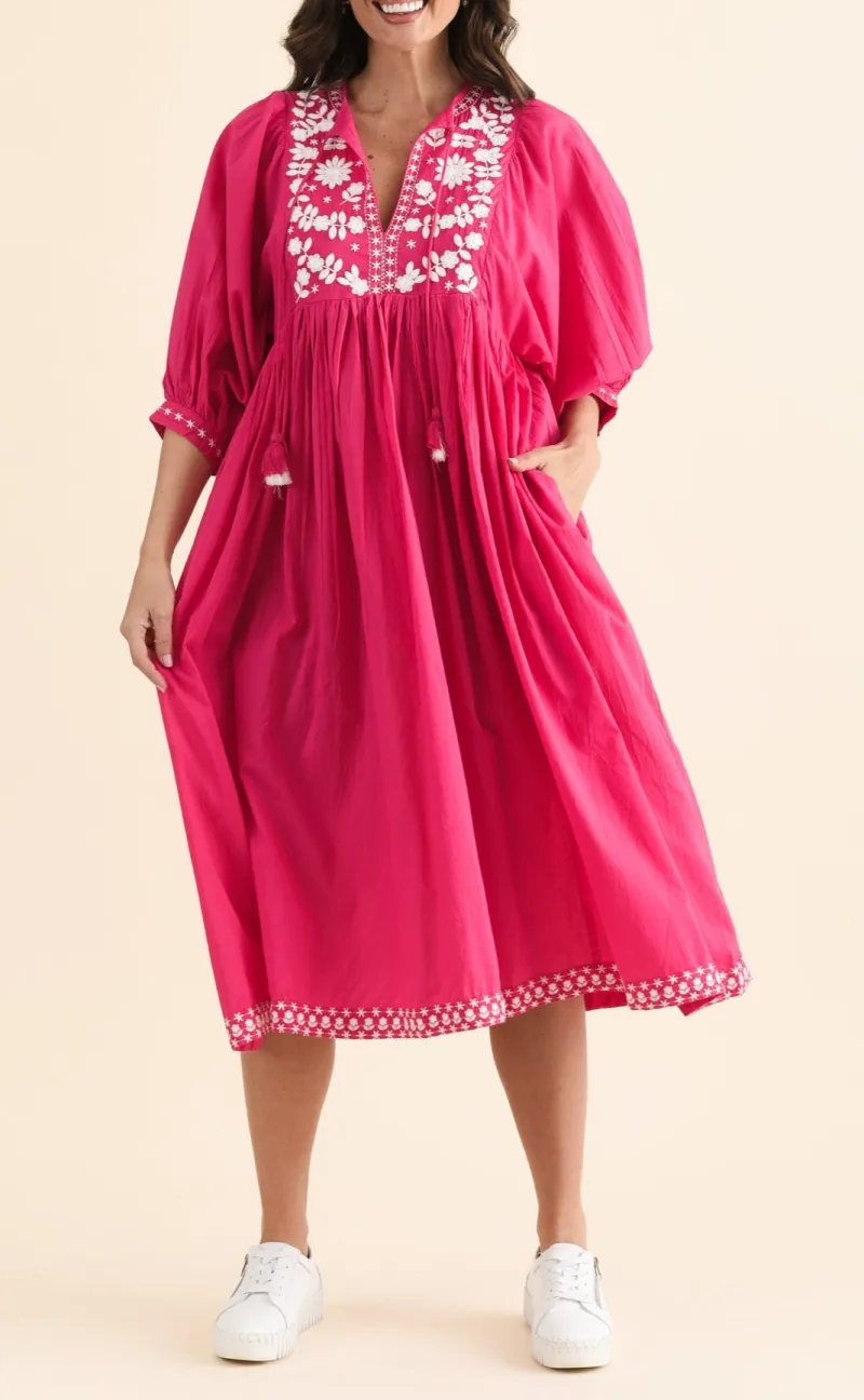 Below-Knee Cotton Pocket Embroidered V-Neck Half-Sleeve A-Line Dress