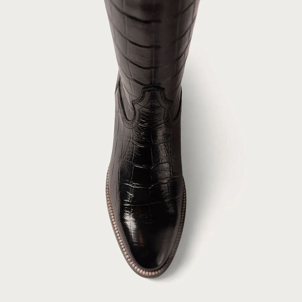 Classic Faux-Leather Crocodile-Embossed Round-Toe Chunky-Heel Knee-High Boots
