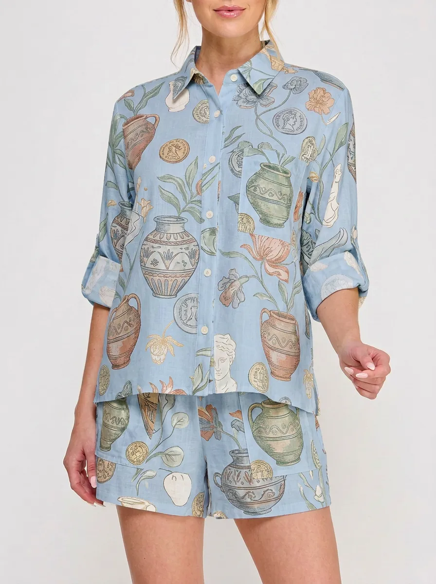 Women's Greek Mythology Art Pottery Coin Printed Button-up Shirt